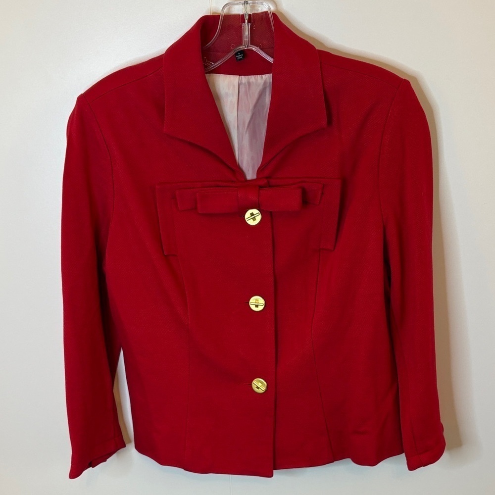 CAbi Red Blazer with Gold Accents & Bow. Heart of Cabi style #3025